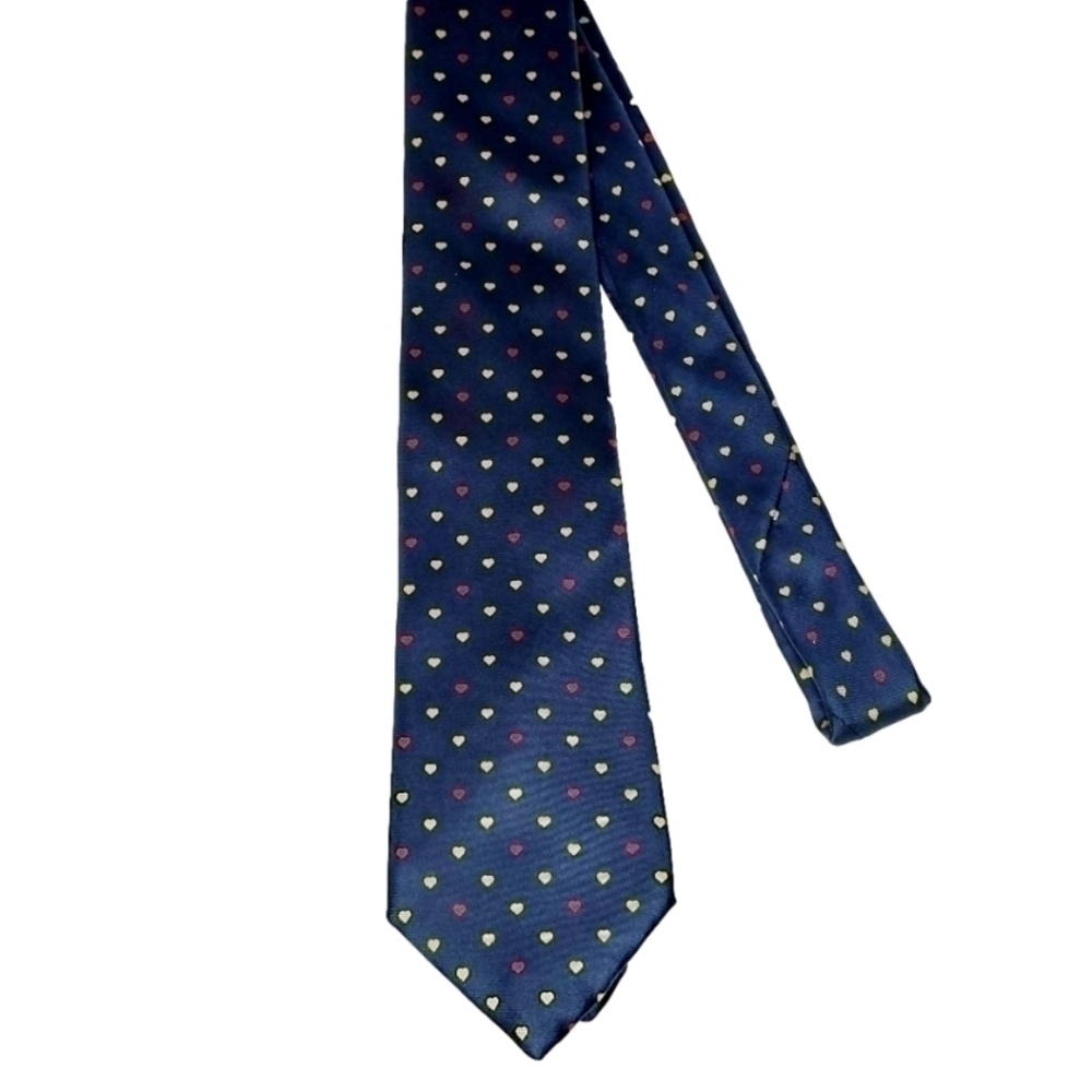 HORCHOW Dark Navy Blue With Red Yellow Hearts Silk Tie